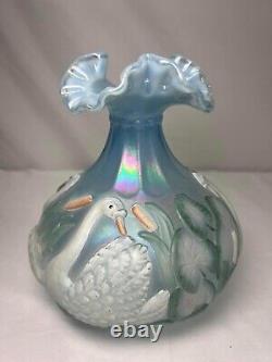 Fenton Blue Satin Iridescent Glass Hand Painted Swan Vase Ruffled