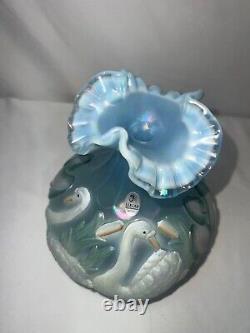 Fenton Blue Satin Iridescent Glass Hand Painted Swan Vase Ruffled