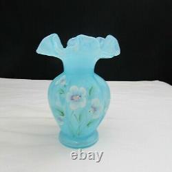 Fenton Blue Topaz Overlay Floral Hand Painted Melon Vase W475