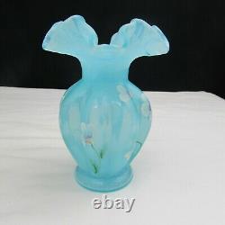 Fenton Blue Topaz Overlay Floral Hand Painted Melon Vase W475
