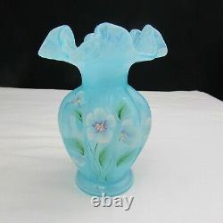 Fenton Blue Topaz Overlay Floral Hand Painted Melon Vase W475