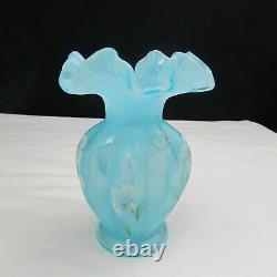Fenton Blue Topaz Overlay Floral Hand Painted Melon Vase W475