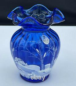 Fenton Canaan Valley Cobalt Blue Vase with Cardinal 2005