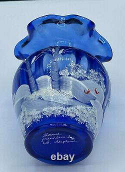 Fenton Canaan Valley Cobalt Blue Vase with Cardinal 2005