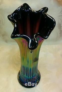 Fenton Carnival Glass Cobalt Blue Iridescent Purple Thin Ribbed Vase Ruffled