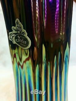 Fenton Carnival Glass Cobalt Blue Iridescent Purple Thin Ribbed Vase Ruffled