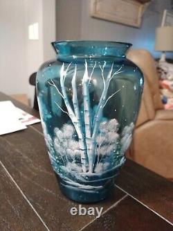 Fenton Clear Blue Vase WithHand Painted Winter Scene Hand Painted Signed F6