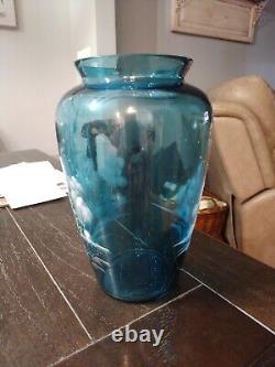 Fenton Clear Blue Vase WithHand Painted Winter Scene Hand Painted Signed F6