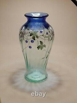 Fenton Cobalt Aqua spiral optic vase hand painted signed Scott Fenton, Pam Fleak