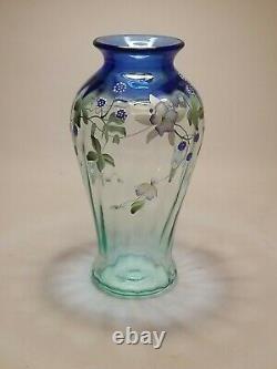 Fenton Cobalt Aqua spiral optic vase hand painted signed Scott Fenton, Pam Fleak