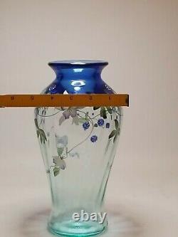 Fenton Cobalt Aqua spiral optic vase hand painted signed Scott Fenton, Pam Fleak