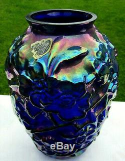 Fenton Cobalt Blue Carnival Glass DOGWOOD Vase 7.25H MINTBeautiful RARE