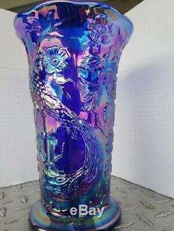 Fenton Cobalt Blue Carnival Glass Peacock Vase
