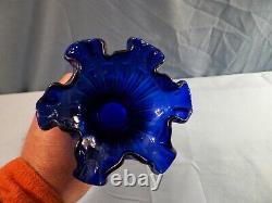 Fenton Cobalt Blue Glass Wheat Vase with Ruffled Top INV2