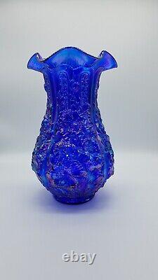 Fenton Cobalt Blue Iridescent Carnival Poppy Vase 12 Tall