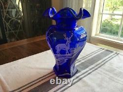 Fenton Cobalt Blue Mary Gregory withWhite Deer & Snow Scene Vase