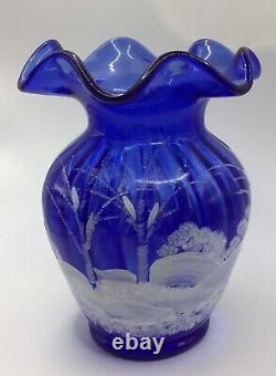 Fenton Cobalt Blue Vase Glittery Winter Scene Birds Signed, Sticker, Orig. Box
