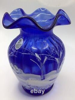 Fenton Cobalt Blue Vase Glittery Winter Scene Birds Signed, Sticker, Orig. Box