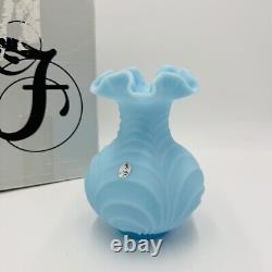 Fenton Draped Blue Satin Glass Vase Vintage Art Glass Ruffled Edge Drapery 8