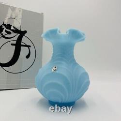 Fenton Draped Blue Satin Glass Vase Vintage Art Glass Ruffled Edge Drapery 8