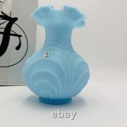 Fenton Draped Blue Satin Glass Vase Vintage Art Glass Ruffled Edge Drapery 8