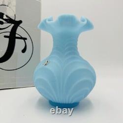 Fenton Draped Blue Satin Glass Vase Vintage Art Glass Ruffled Edge Drapery 8