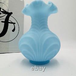 Fenton Draped Blue Satin Glass Vase Vintage Art Glass Ruffled Edge Drapery 8