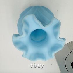 Fenton Draped Blue Satin Glass Vase Vintage Art Glass Ruffled Edge Drapery 8