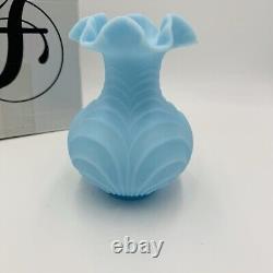 Fenton Draped Blue Satin Glass Vase Vintage Art Glass Ruffled Edge Drapery 8