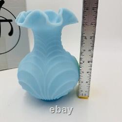 Fenton Draped Blue Satin Glass Vase Vintage Art Glass Ruffled Edge Drapery 8