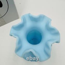 Fenton Draped Blue Satin Glass Vase Vintage Art Glass Ruffled Edge Drapery 8