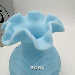 Fenton Draped Blue Satin Glass Vase Vintage Art Glass Ruffled Edge Drapery 8