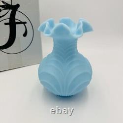 Fenton Draped Blue Satin Glass Vase Vintage Art Glass Ruffled Edge Drapery 8