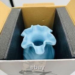 Fenton Draped Blue Satin Glass Vase Vintage Art Glass Ruffled Edge Drapery 8