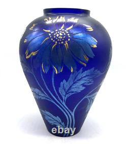 Fenton Favrene Art Glass Vase Iridescent Cobalt Blue Gold Flower 1997