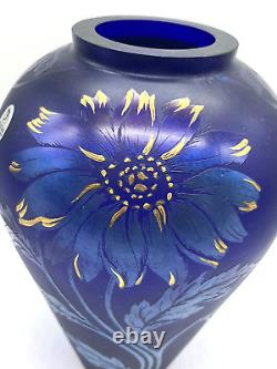 Fenton Favrene Art Glass Vase Iridescent Cobalt Blue Gold Flower 1997