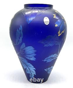 Fenton Favrene Art Glass Vase Iridescent Cobalt Blue Gold Flower 1997