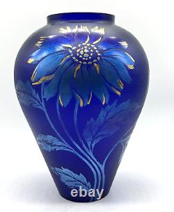 Fenton Favrene Art Glass Vase Iridescent Cobalt Blue Gold Flower 1997