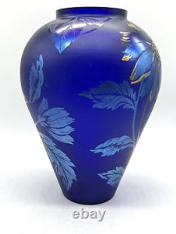 Fenton Favrene Art Glass Vase Iridescent Cobalt Blue Gold Flower 1997