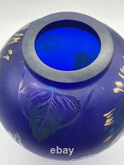 Fenton Favrene Art Glass Vase Iridescent Cobalt Blue Gold Flower 1997