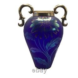 Fenton Favrene Art Glass Vase Iridescent Cobalt Blue Gold Flower 1997 Signed Mar