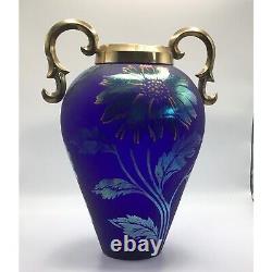 Fenton Favrene Art Glass Vase Iridescent Cobalt Blue Gold Flower 1997 Signed Mar