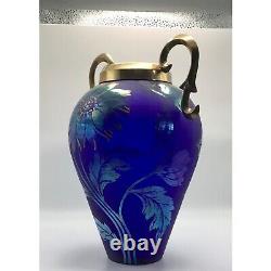 Fenton Favrene Art Glass Vase Iridescent Cobalt Blue Gold Flower 1997 Signed Mar