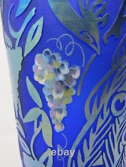 Fenton Favrene Cobalt Glass Sand Carved Grapes And Peacock! Kelsey, HP S. Waters