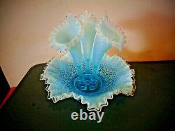 Fenton Flower Horn Epergne Vase Blue Opalescent Diamond Lace