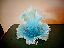 Fenton Flower Horn Epergne Vase Blue Opalescent Diamond Lace