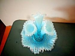 Fenton Flower Horn Epergne Vase Blue Opalescent Diamond Lace