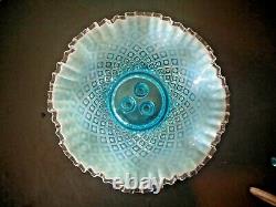 Fenton Flower Horn Epergne Vase Blue Opalescent Diamond Lace