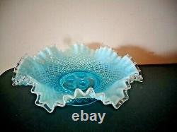 Fenton Flower Horn Epergne Vase Blue Opalescent Diamond Lace