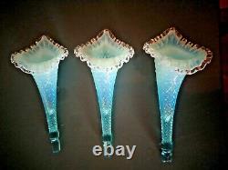 Fenton Flower Horn Epergne Vase Blue Opalescent Diamond Lace